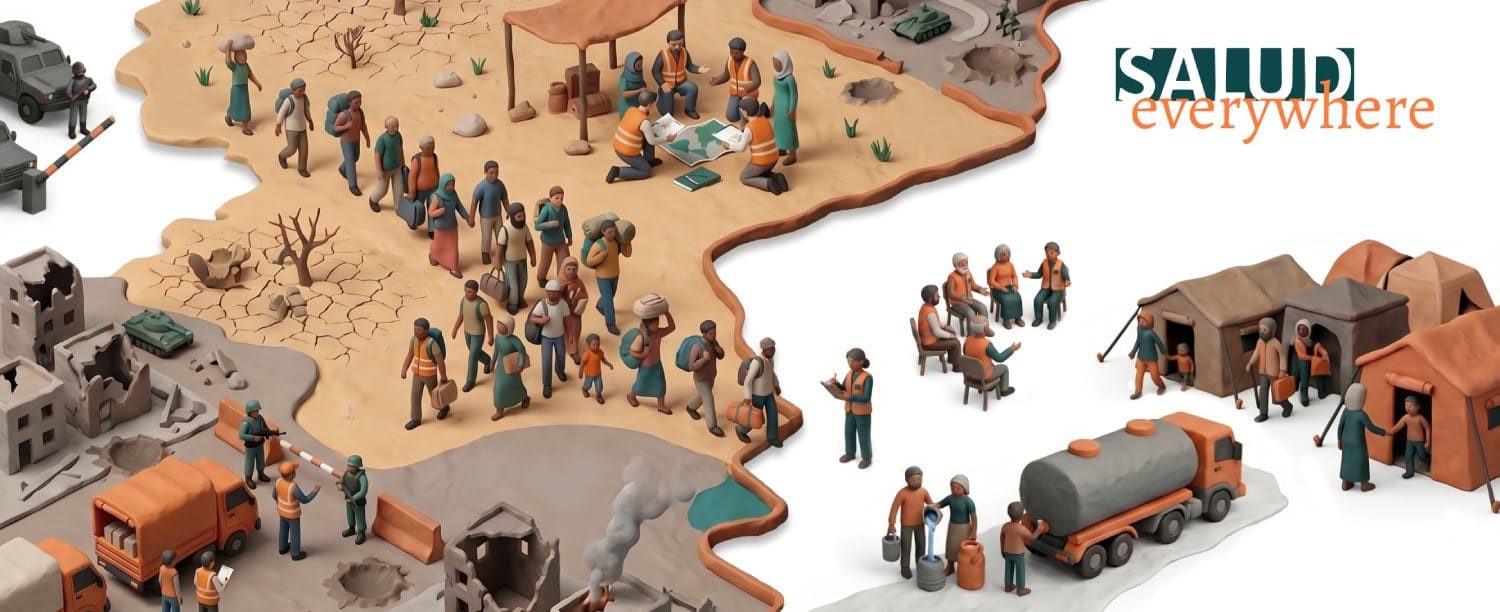 Isometric illustration of a humanitarian crisis depicting forced displacement, access obstruction, water distribution and community dialogue, created for Salud Everywhere.