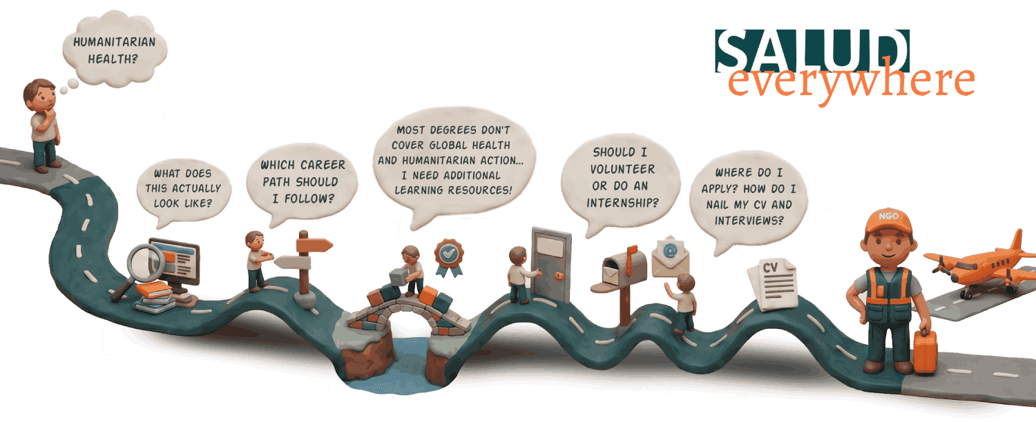 Illustrated diagram of a winding road representing the professional journey into humanitarian health work, from initial curiosity to landing a first job with an NGO.